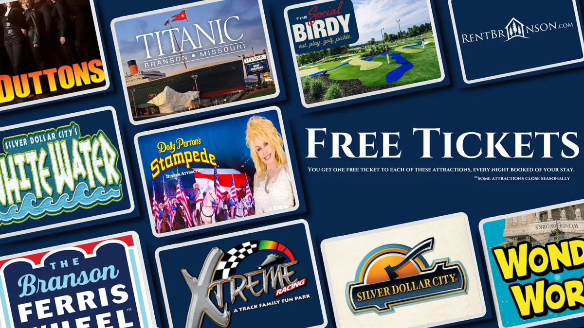 A dynamic graphic displays the text 'Free Tickets' alongside various recognizable attraction logos and a background themed around Branson, Missouri. The vibe is energetic and family-focused, immediately calling attention to the unique value of complimentary local attraction tickets.