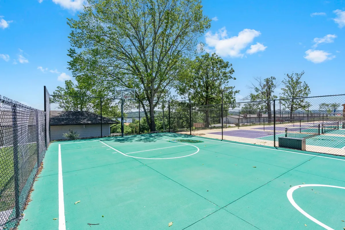 An exterior shot of a basketball court bordered by trees, with a clearly visible basketball hoop and court lines. The open, energetic space invites friendly competitions or casual games among friends.